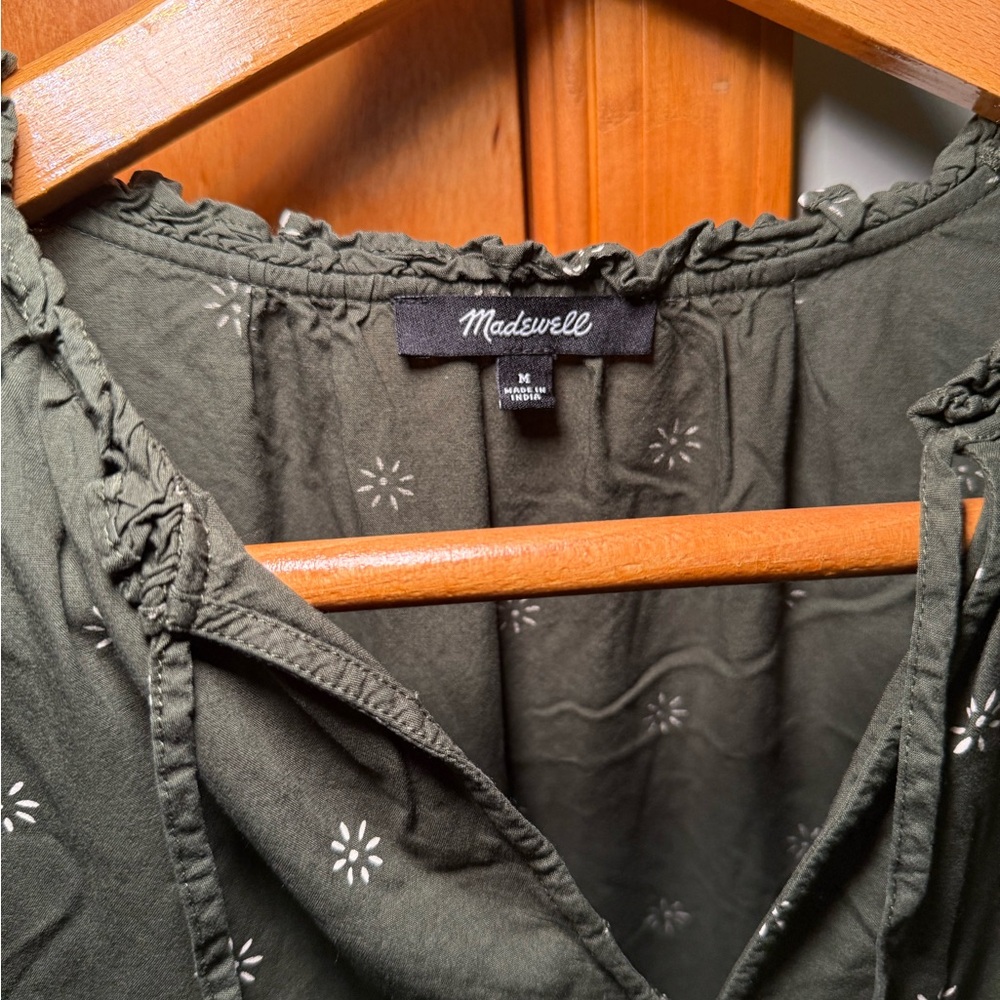 Madewell Dark Green Floral Long Sleeve Dress Tiered tie midi dress stardot - Picture 7 of 12